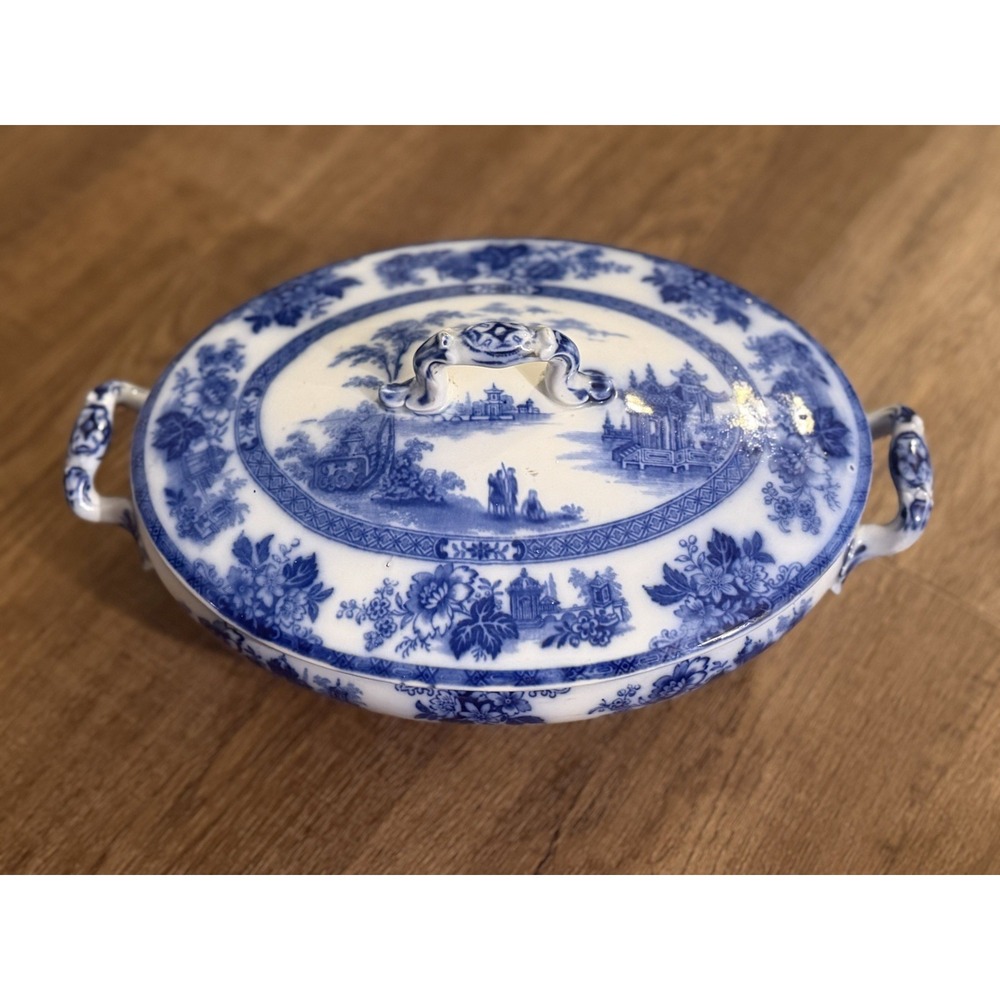 Antique Doulton Burslem "Madras" Flow Blue Covered Veg Tureen Lidded Dish 1890s